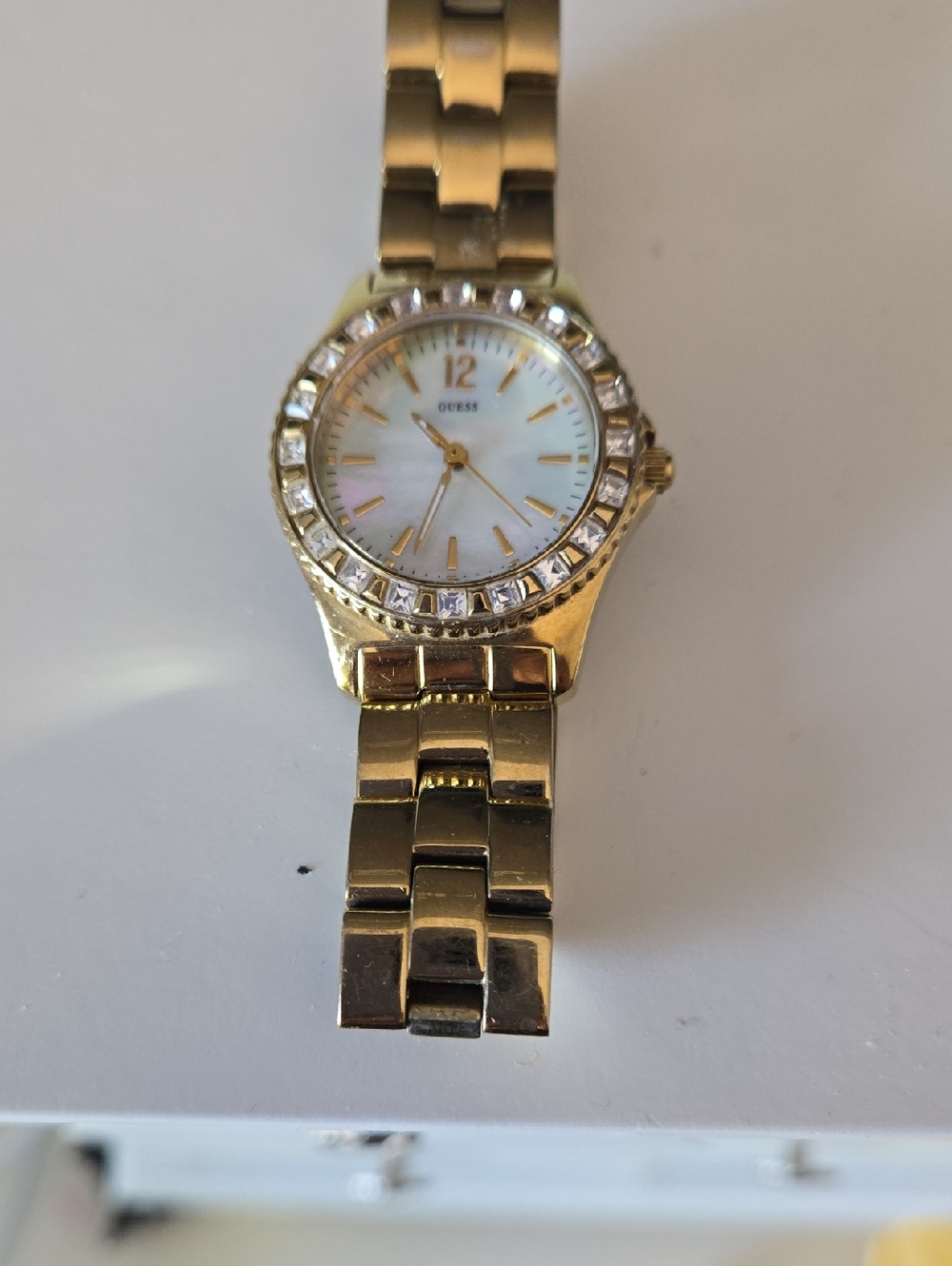 Guess Gold and Mother-of-Pearl Crystal Bezel Women's Watch